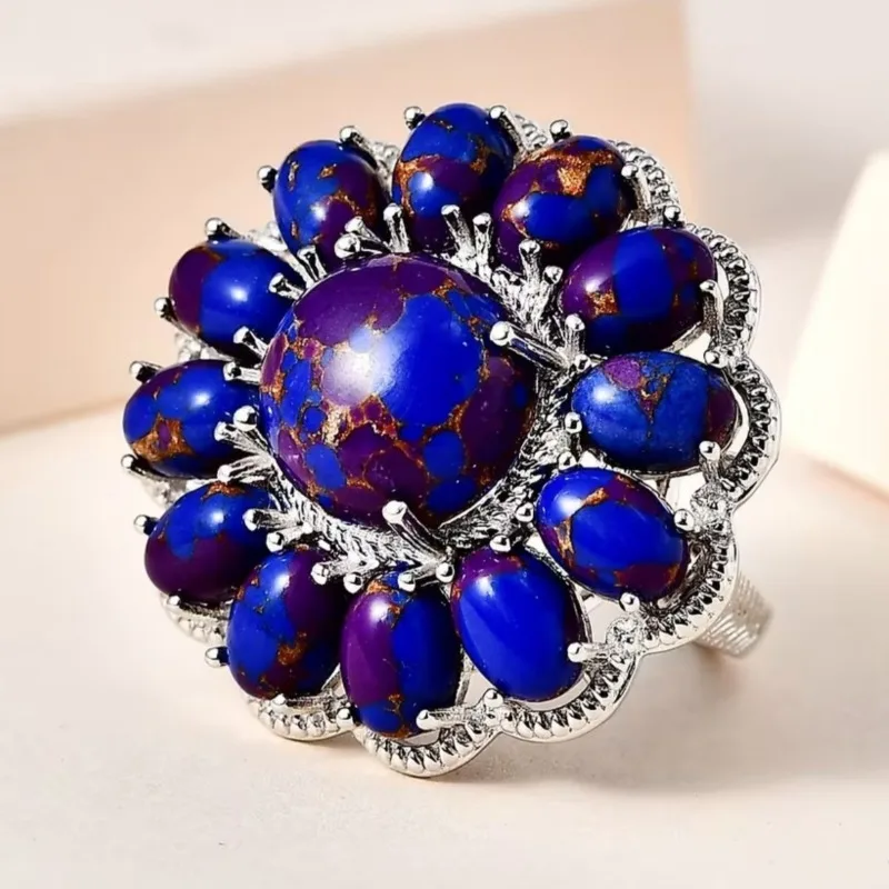 Ethnischer, eingelegter Blumenring für Damen mit imitiertem Lapislazuli, Vintage-Silberfarbe, geometrisch, für den Alltag, Partyschmuck, Jubiläumsgeschenk