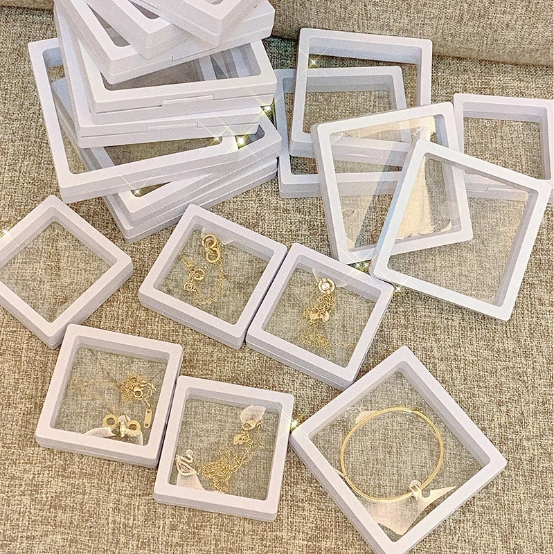 1pc Jewelry Storage Box PE Film 3D Floating Display Case Stands Holder Frame Membrane Ring Earrings Necklace Transparent Display