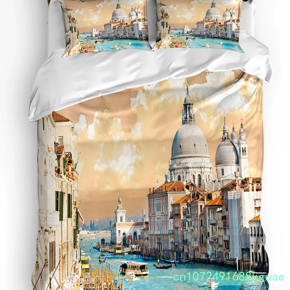Venice Building Water Boat Sunset Duvet Cover 3pcs Bedding Set Home Textile Quilt Cover Pillowcases Bedroom Bedding Set No Sheet