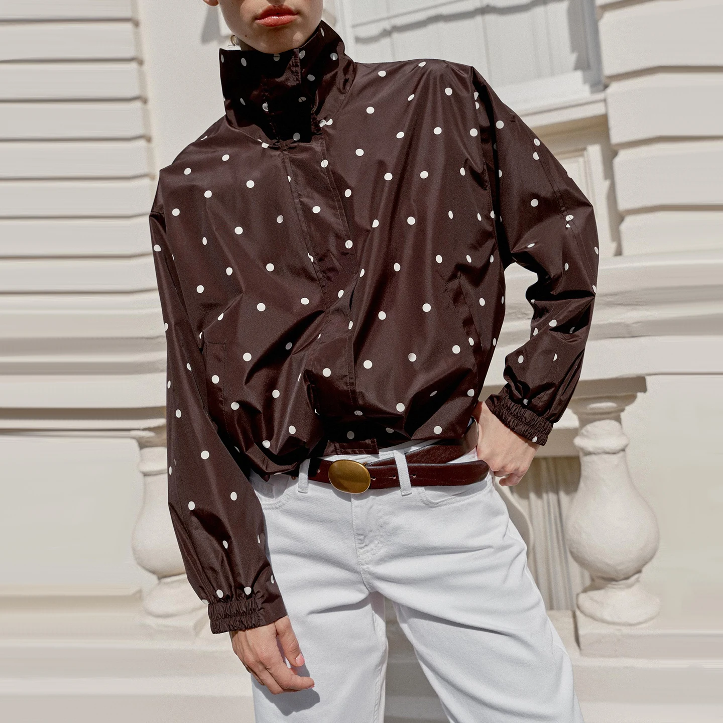 Women's Autumn 2026 Polka Dot Pilot Jacket Long Sleeve Stand Collar Outerwear Standard Fit ZADATA Brand Other Style Material