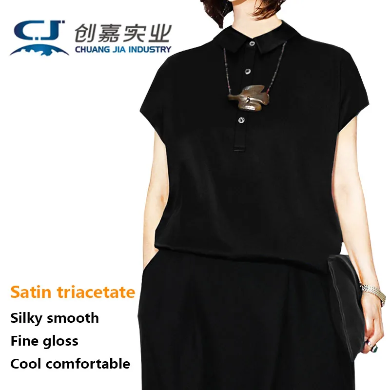 Satin triacetate spring summer ladies French sleeve lapel off sleeve shirt front and back two wear loose top temperament elegant