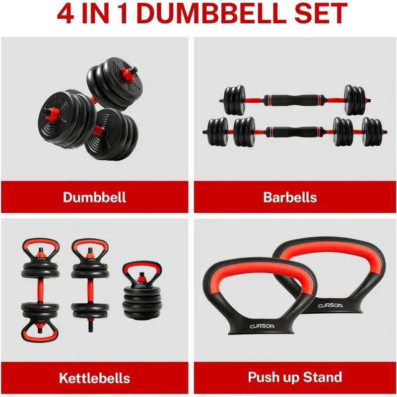 AQCURSOR FITNESS 4-IN-1 Adjustable Dumbbells Set,Work As Dumbbell/Barbell/Kettlebell/Push up Stand,Home Gym Weights Strength Tra