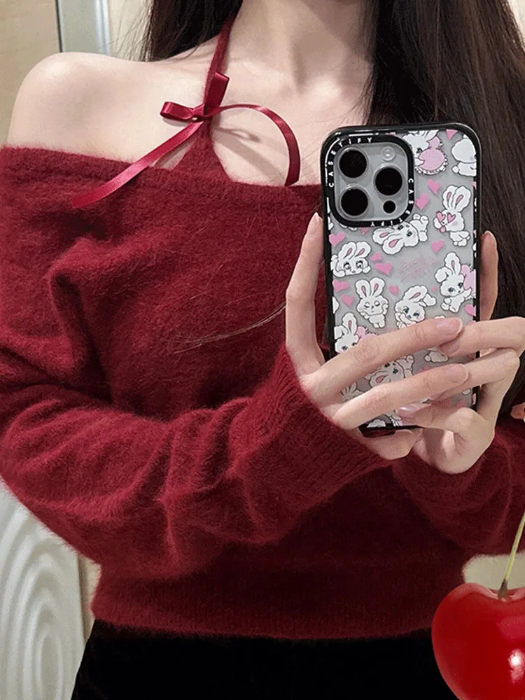 Harajuku Red Knitted Pullovers Women Long Sleeve Autumn Winter Slash Neck Bow Off Shoulder Sweater Korean Christmas High Street