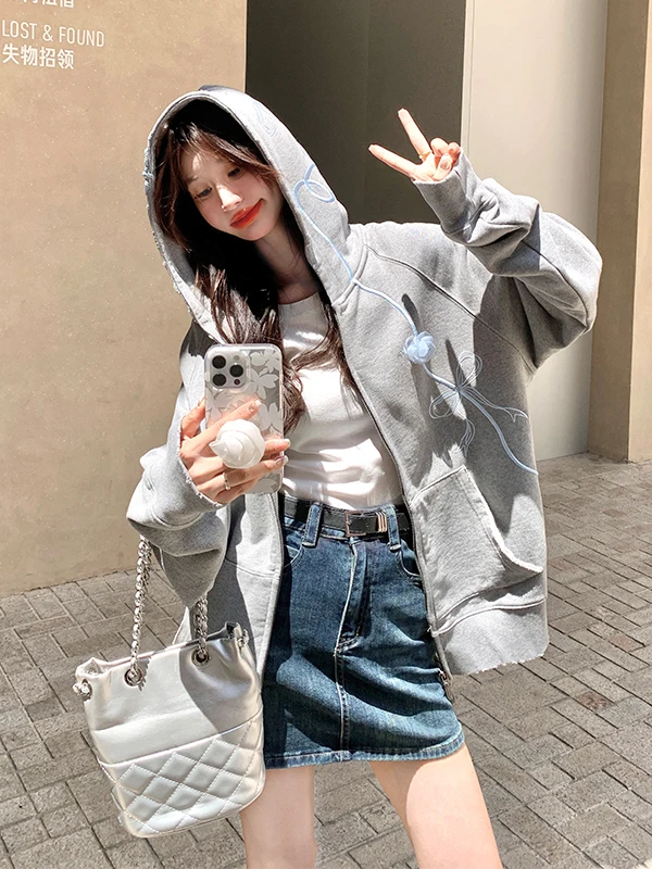 

Женская толстовка с капюшоном и вышивкой в корейском стиле, свободный крой, для ранней весны и осени, для повседневной носки