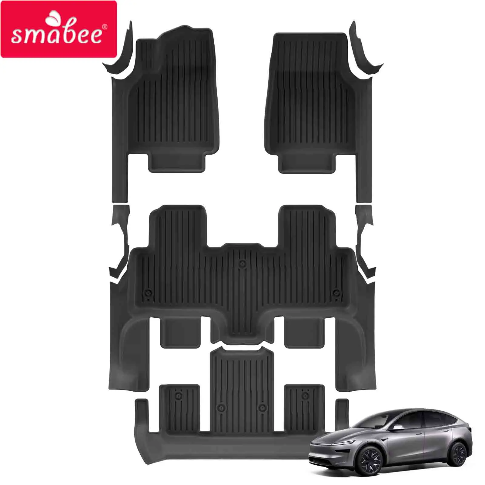 Smabee for Tesla Model Y L 6-Seat 2025 2026 Car All Weather Floor Mats With Door Sill Cover TPE 3D Waterproof Accessories Black
