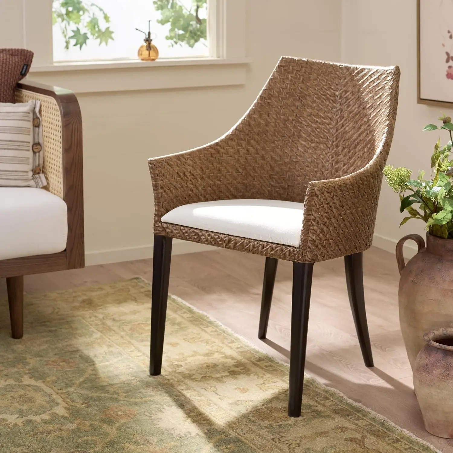 Rattan Arm Chair with Curved Silhouette & Ivory Cushion, Fully Assembled Living Room Furniture, Customized
