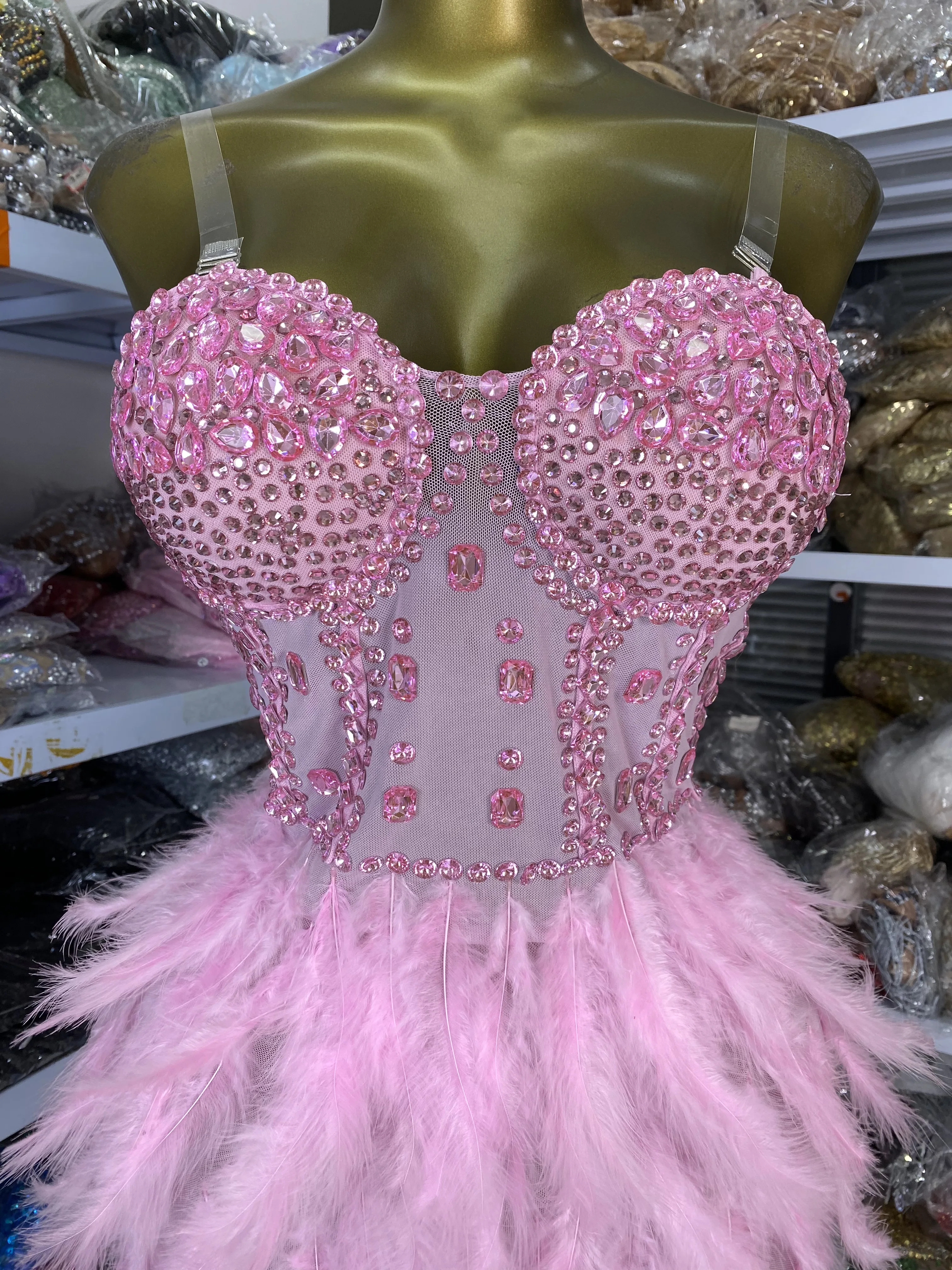 Roze Strass Bustier Corset Veren Mesh Bodycon Mini Jurk Vrouwen Verjaardag Avond Club Feestjurk Prestaties Kostuums