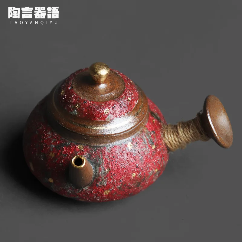 

Red ore sand pottery round side handle teapot hand-painted 24K gold master collection retro stone small tea brewing single pot