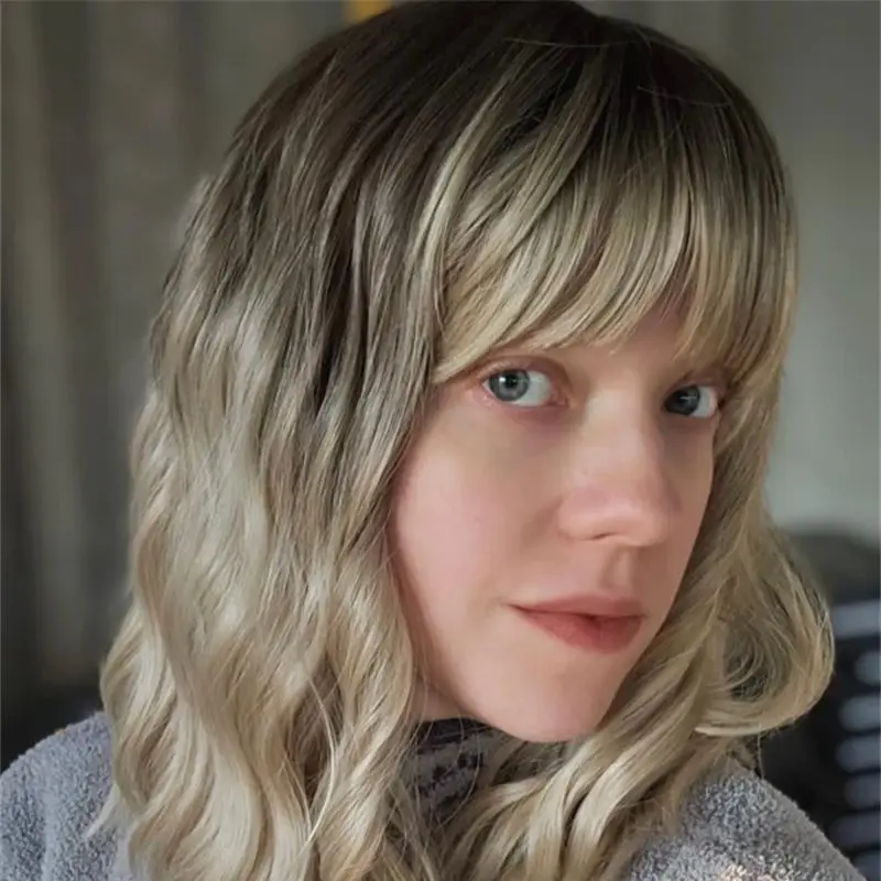 Ombre Ash Blonde With Dark Roots Synthetic Lace Front Wig With Bangs Realistic Hairline Wig For Women Fast Shipping Small/Large