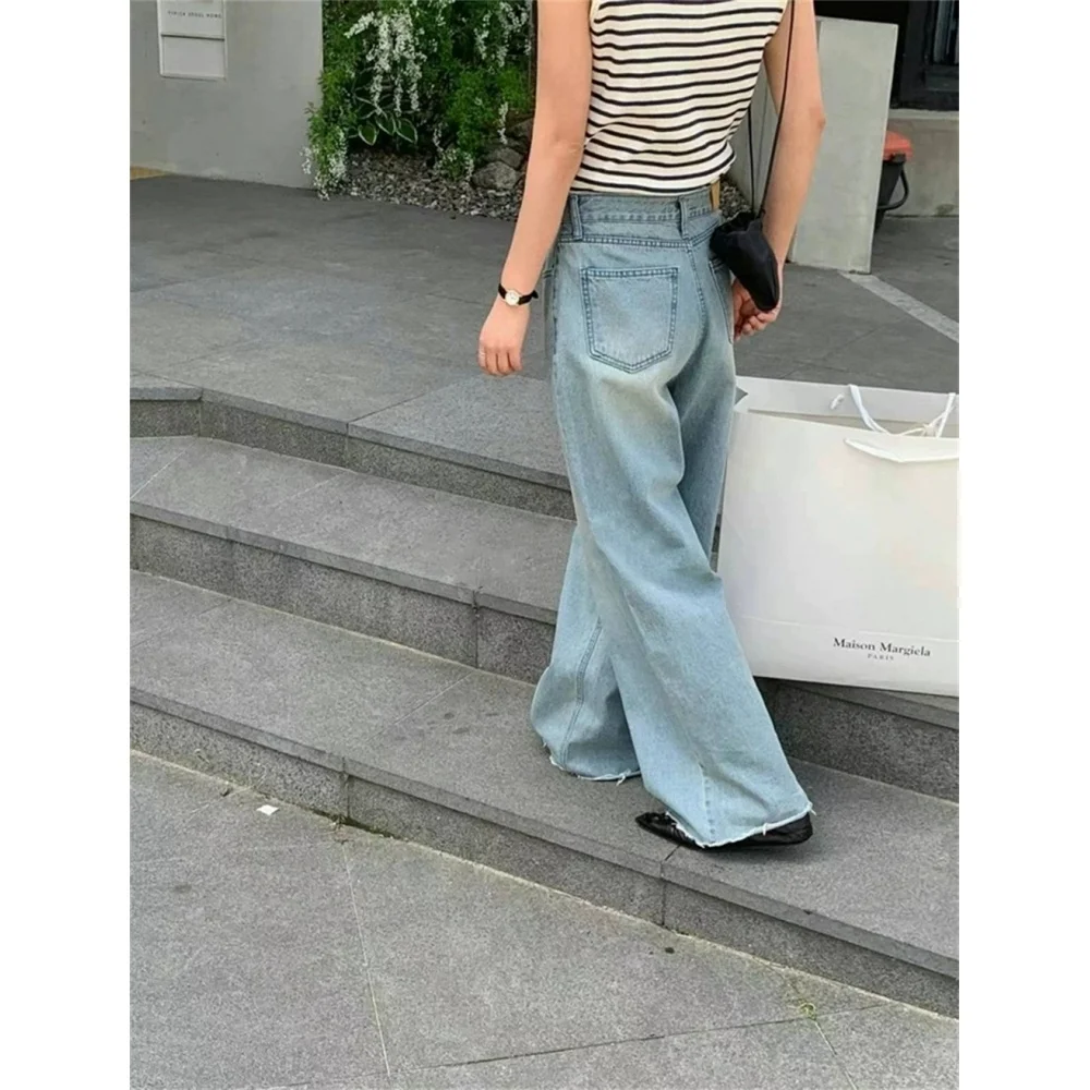 レトロな大胆な東大門25サマーウエディングストレートレッグカジュアルジーンズレディースルーズフィットロングパンツデニムブルーLウエスト