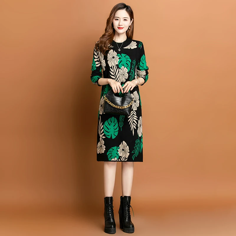 Female Black Knitted Cotton Floral Midi Sweater Dress Autumn Winter Long Sleeve Thick Warm Dress 2024 Korean Vintage Party Dress