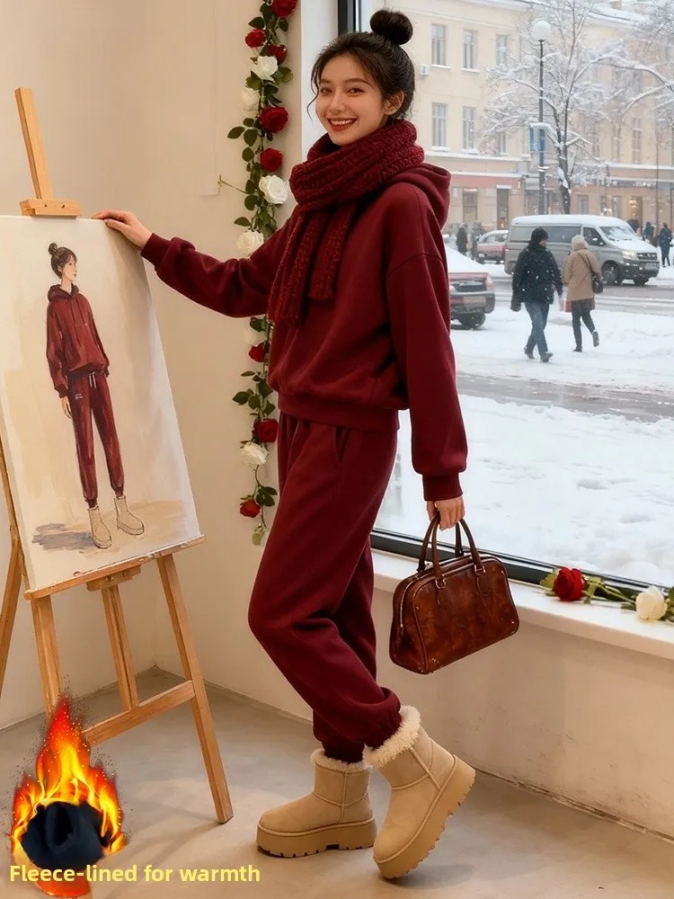 

Thiened Fce Women's Sportswear Set Winter Casual High Waist Pants Hoodie Top plus Size Two-Piece Suit for Home And Work