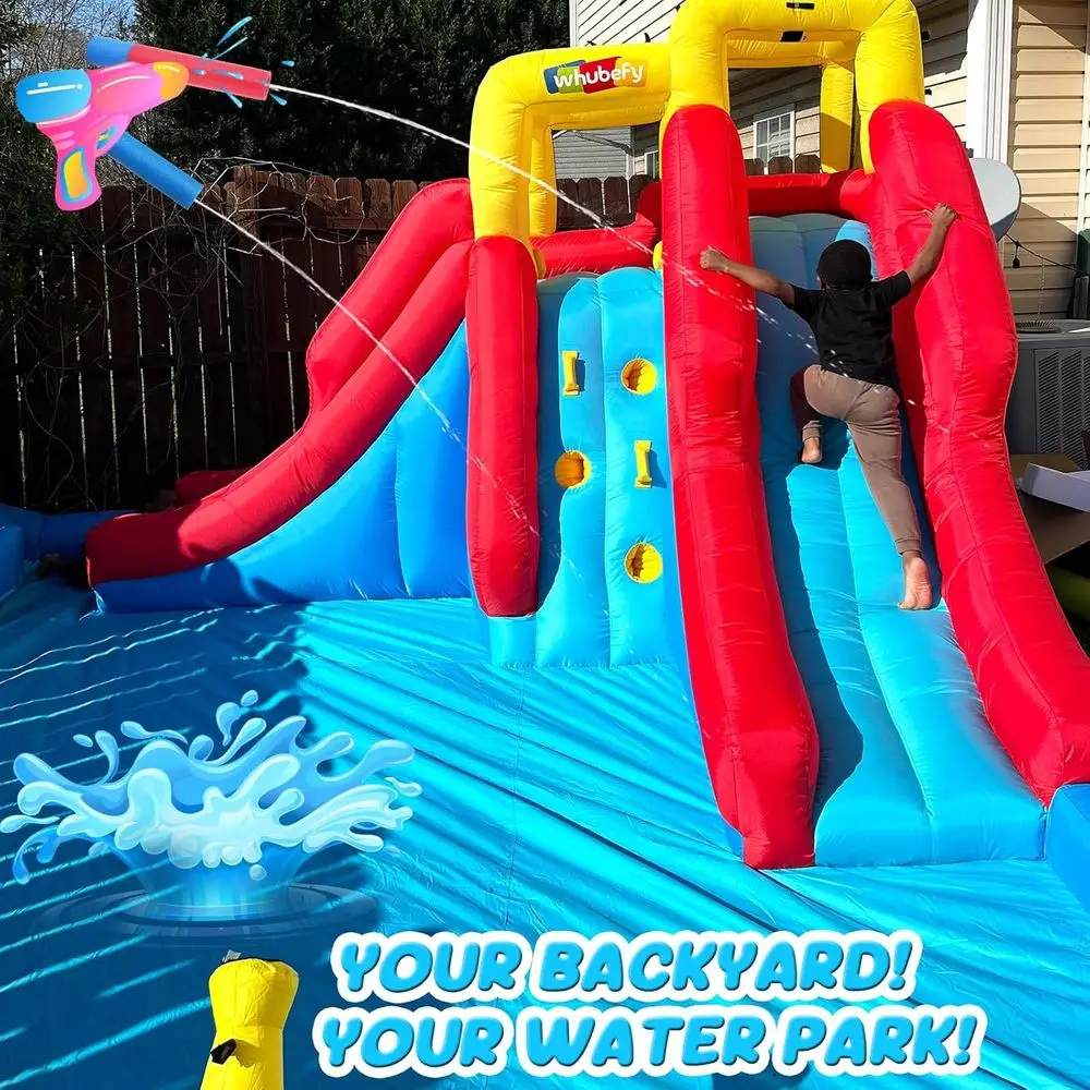 Nadmuchiwana zjeżdżalnia wodna dla dzieci na podwórko, park wodny 12w1 z dmuchawą 520W, ścianą do wspinaczki, basenem do zabawy i 2 pistoletami na wodę.