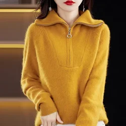 100% Pure Mink Cashmere Knitted Women's High Neck Pullover Sweater Comfortable and Warm Autumn and Winter New 23 Women's Sweater