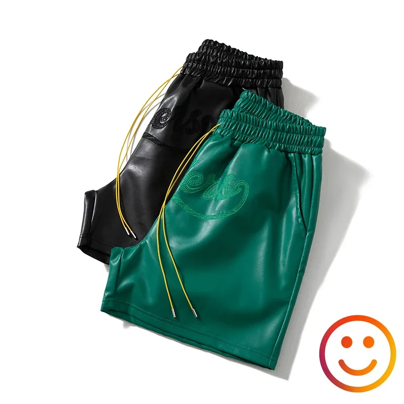 Pure Leather Black Red Green Borad Shorts Pockets 2024 Summer Men Women High Quality Yellow Drawstring Beach Shortpant Breeches