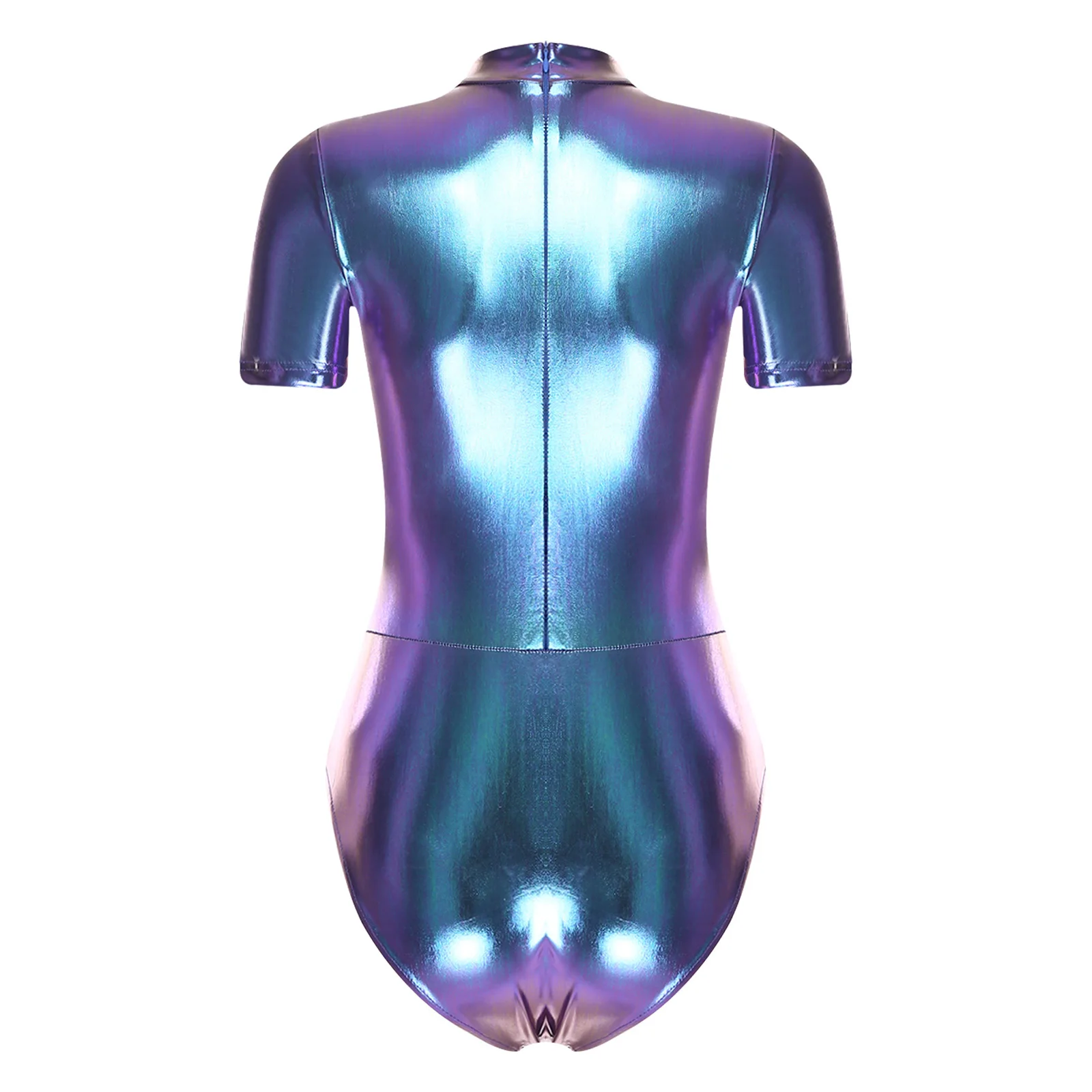 ชุดบอดี้สูทผู้หญิงแบบเมทัลลิกเงาวาว ซิปหลังแบบซ่อน แขนสั้น คอเต่า ทรงบอดี้คอน เหมาะสำหรับใส่ไปไนต์คลับ เต้นแจ๊ส หรือออกกำลังกาย