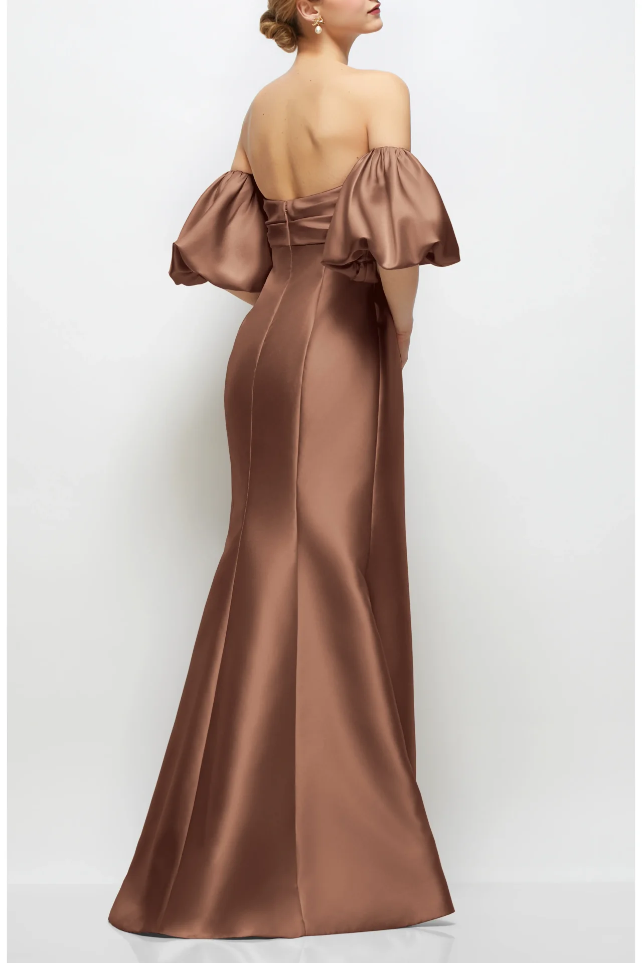High Quality Customized Dark Brown Satin Strapless Puff Sleeve Maxi Dress Mermaid Formal Evening Gown for Women Prom Dress فستان view 4