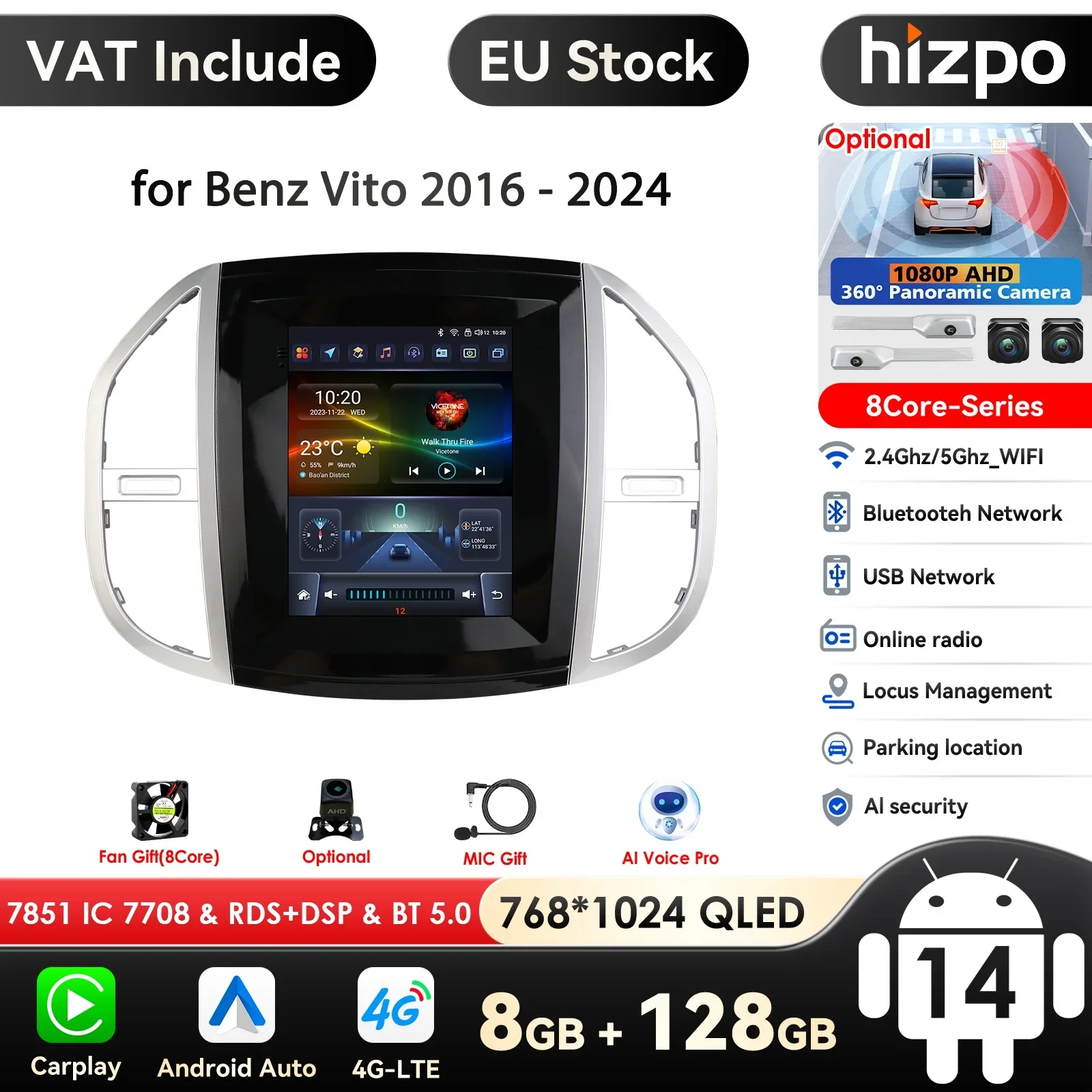 Pantalla Carplay 4G-LTE Android 14, 9,7 pulgadas, para Benz Vito 2014 - 2020, Radio de coche, navegación de vídeo Multimedia, GPS, Audio, cámara 360