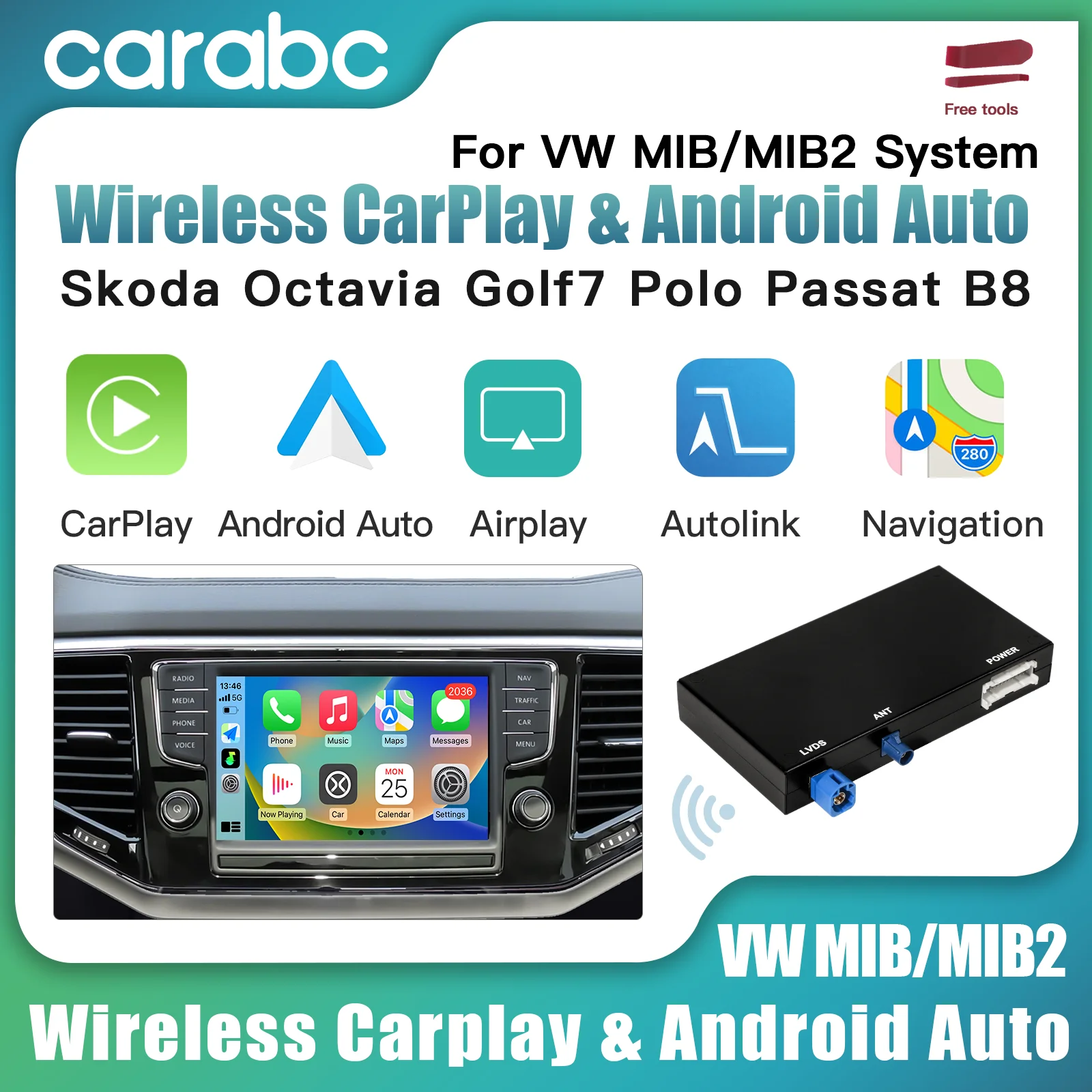 CARABC Wireless Carplay Android Auto Module Airplay AutoLink Mirror For VW Volkswagen MIB Skoda Octavia A5 Polo Golf 7 Passat B8