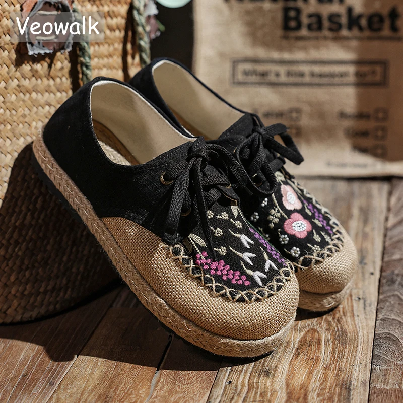 Veowalk Lavender Embroidery Women Low Top Lace Up Linen Canvas Flat Sneakers Handmade Comfortable Walking Shoes Black Beige Grey