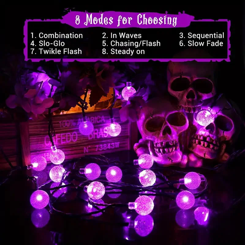 1 قطعة 20/30 LED هالوين الشمسية كريستال غلوب سلسلة أضواء مع 8 طرق الإضاءة الأرجواني/الأزرق للمنزل حديقة فناء ساحة ديكور