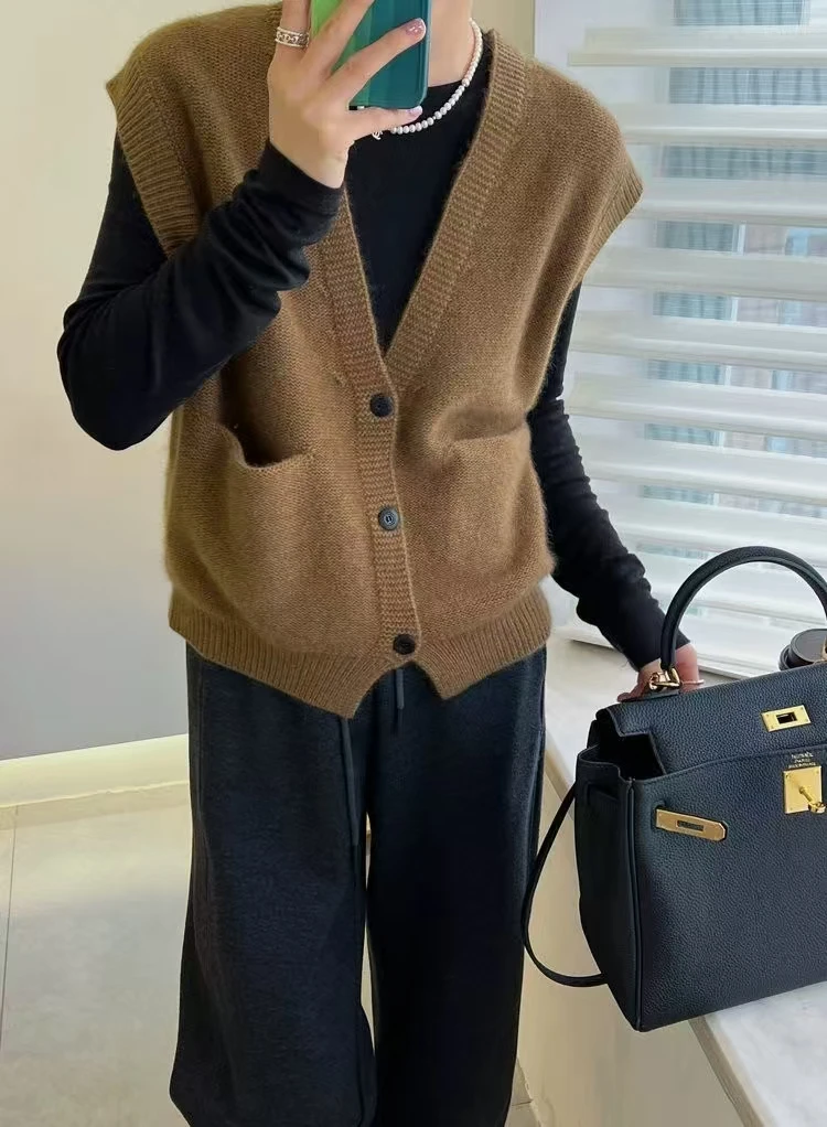 

Korean Style 100% Merino Wool New Chic Women's Waistcoat Autumn Winter V-neck Sleeveless Cardigan Cashmere Knitwear Vest Sweater