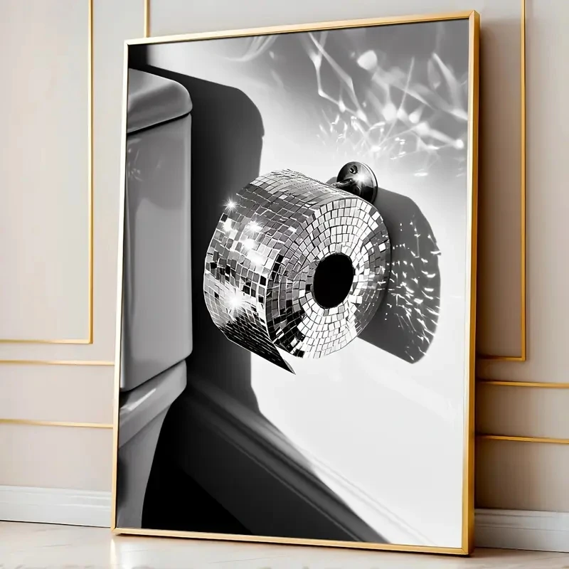 

Disco Ball Toilet Paper Art Canvas Interesting Poster Aesthetics Black White Wall Painting Classic Retro Style Modern Home Decor
