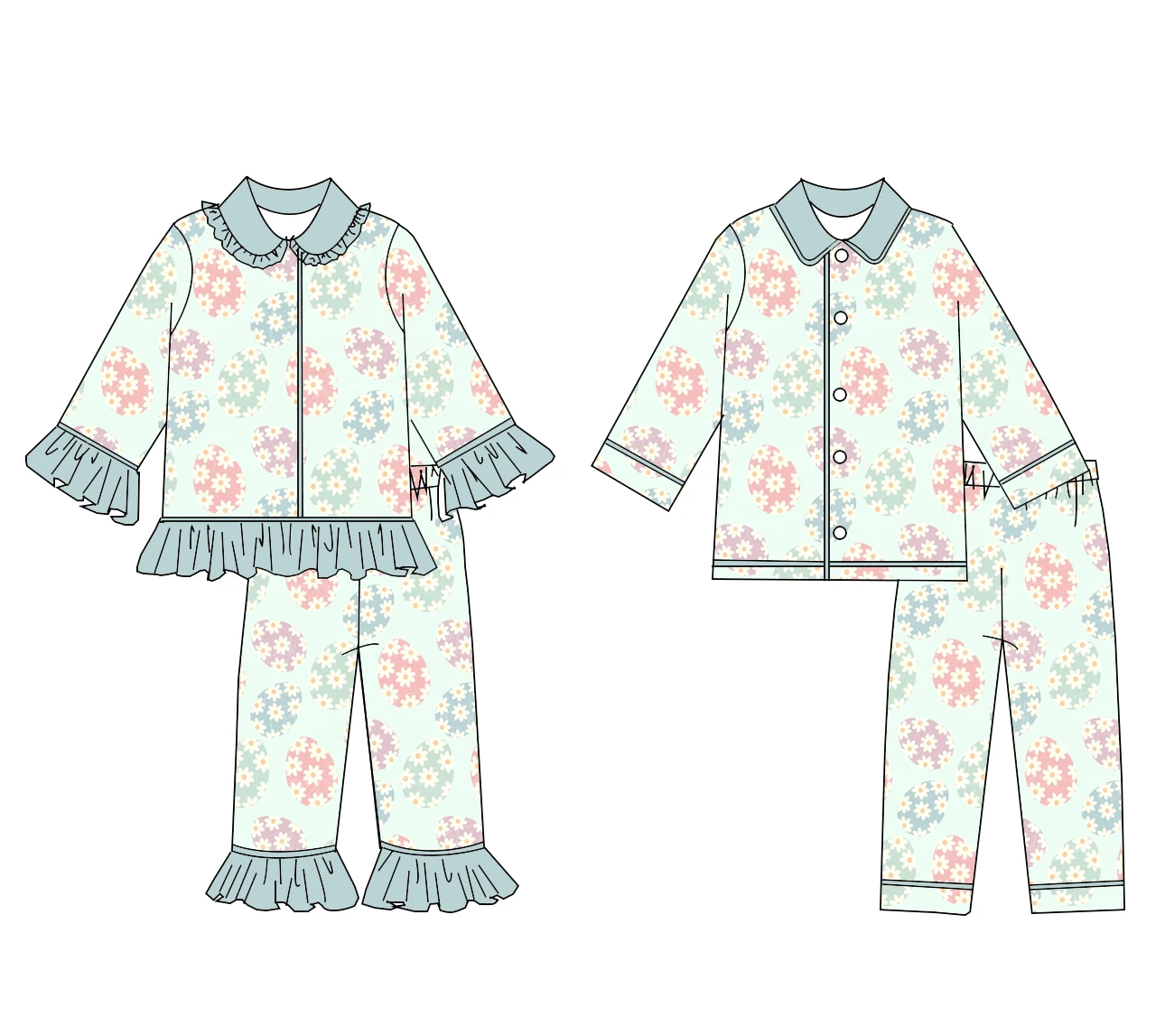 Easter Pajamas Set for Girls Boys - Long Sleeve Duck Egg Rabbit Print Pants 2-Piece Boutique Children's Clothing Set