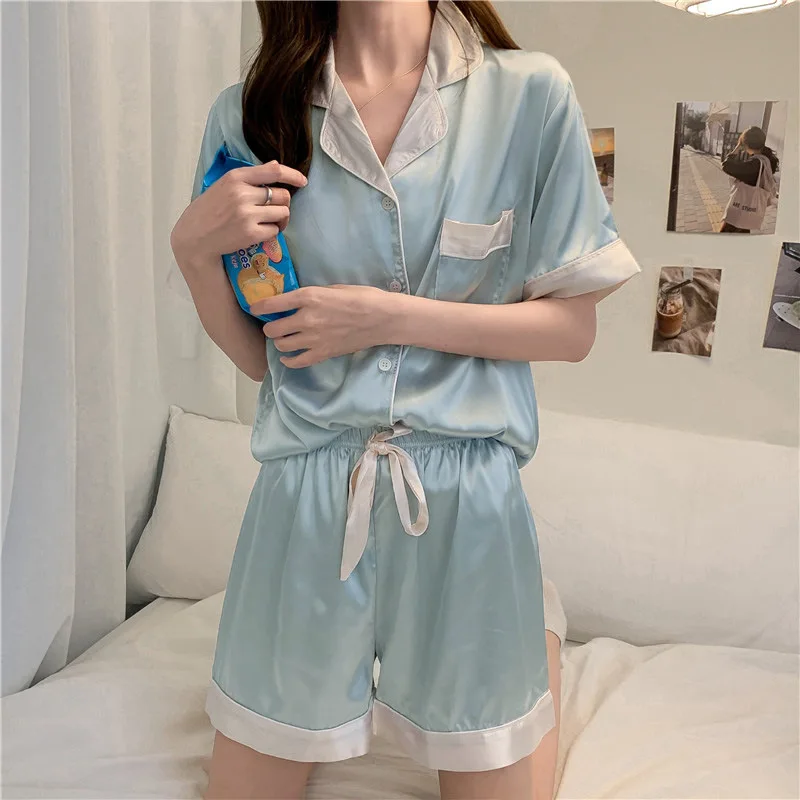 Damskie piżamy letnie 2-częściowe kieszonkowe piżamy sztuczny jedwab satynowe guziki w dół bielizna nocna z krótkim rękawem Pijama Mujer Pjs home wear