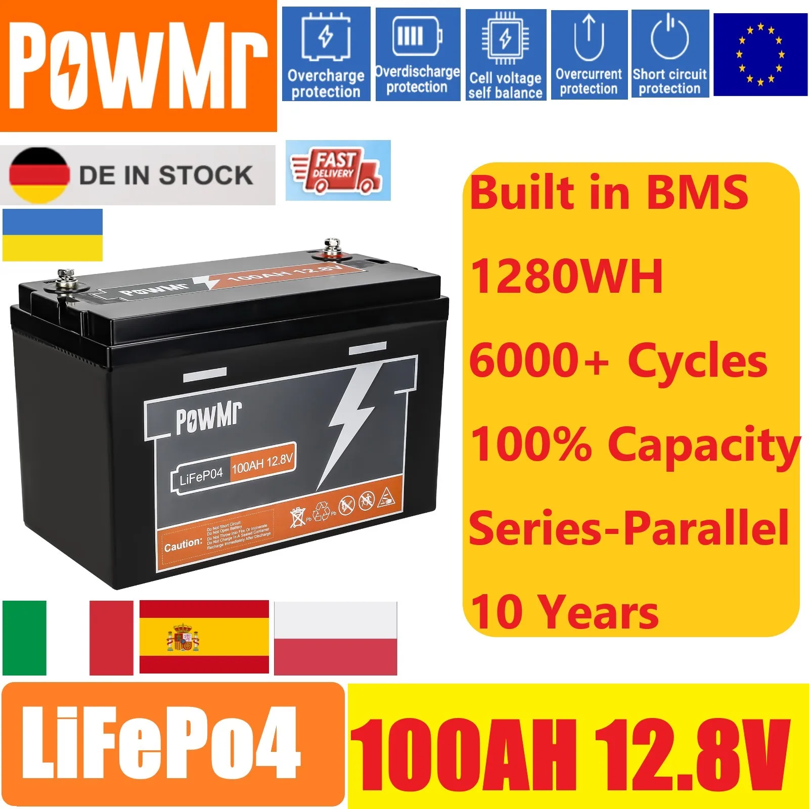 12.8V 100Ah LiFePO4 Lithium Battery Pack 12.8V 1280WH Grade A 6000+ Cycles BMS Waterproof Golf Boat Solar LiFePO4 Battery NO TAX