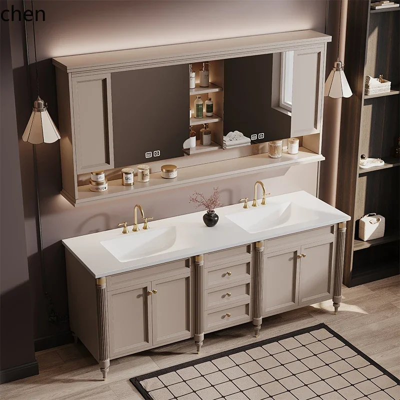 HT Oak  Bathroom Cabinet Combination Bathroom Double Basin Slate Seamless Integrated Wash Desk