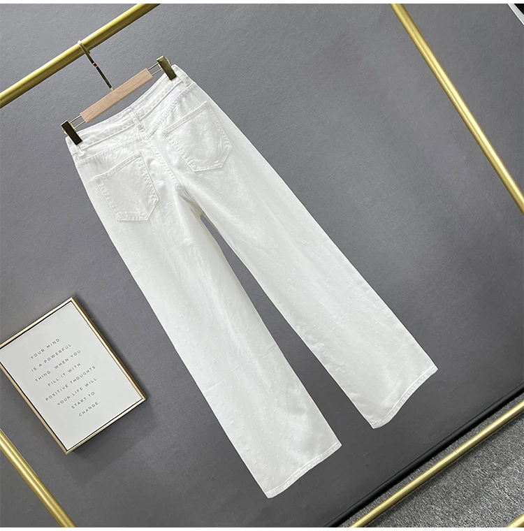 White Wide-Leg Jeans Women's Spring Summer Clothing High Waist Loose Slimming Chinese Style Embroidered Rhinestone Trousers 2024