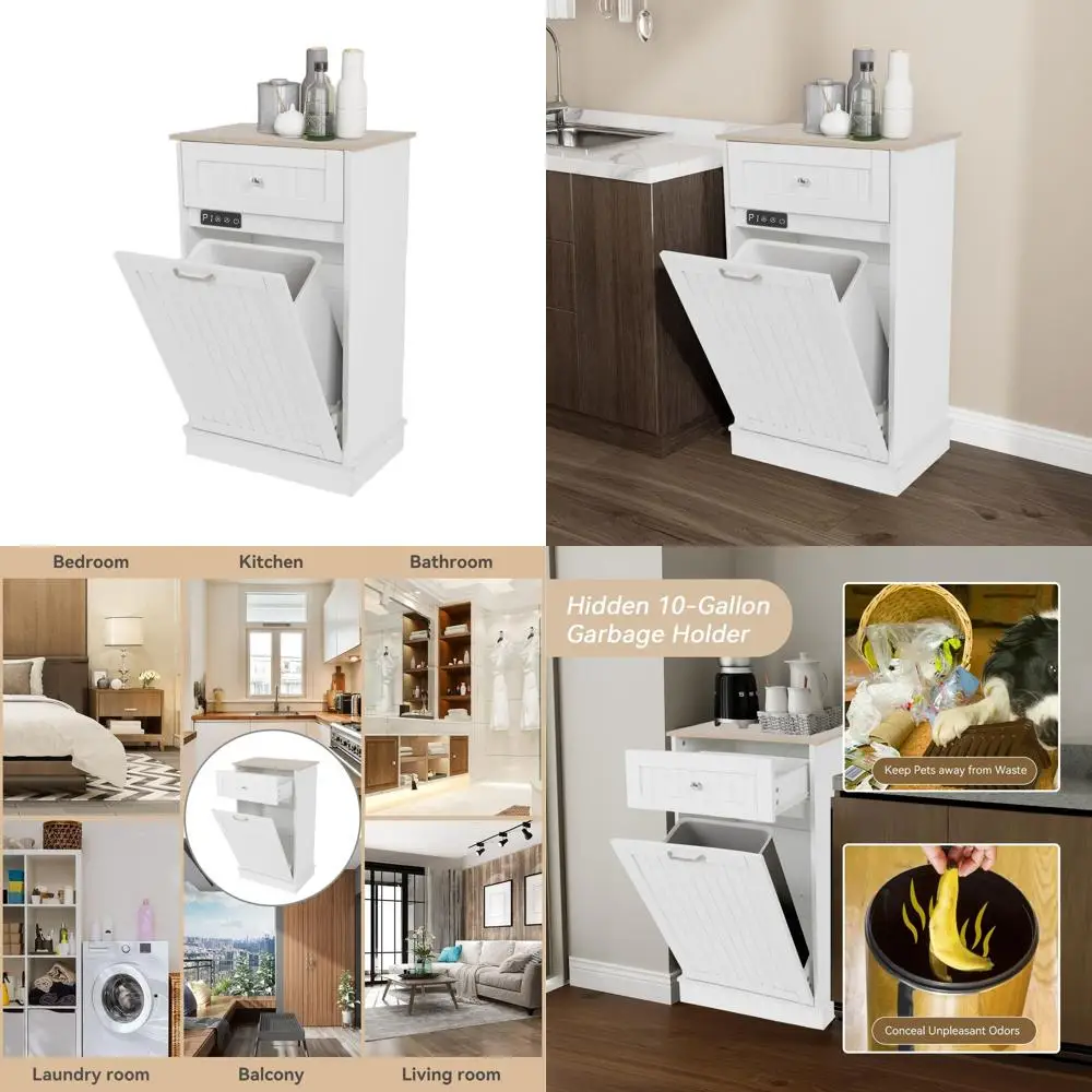 

White Wooden Freestanding Trash Bin Cabinet with Tilt-Out Door and Odor Control for Recycling