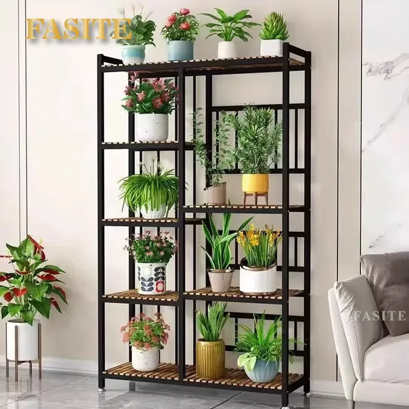 For Balcony Flower Pot Rack Wrought Iron Multi-layer Floor-to-ceiling Solid Wood Indoor Outdoor Plant Stand Household