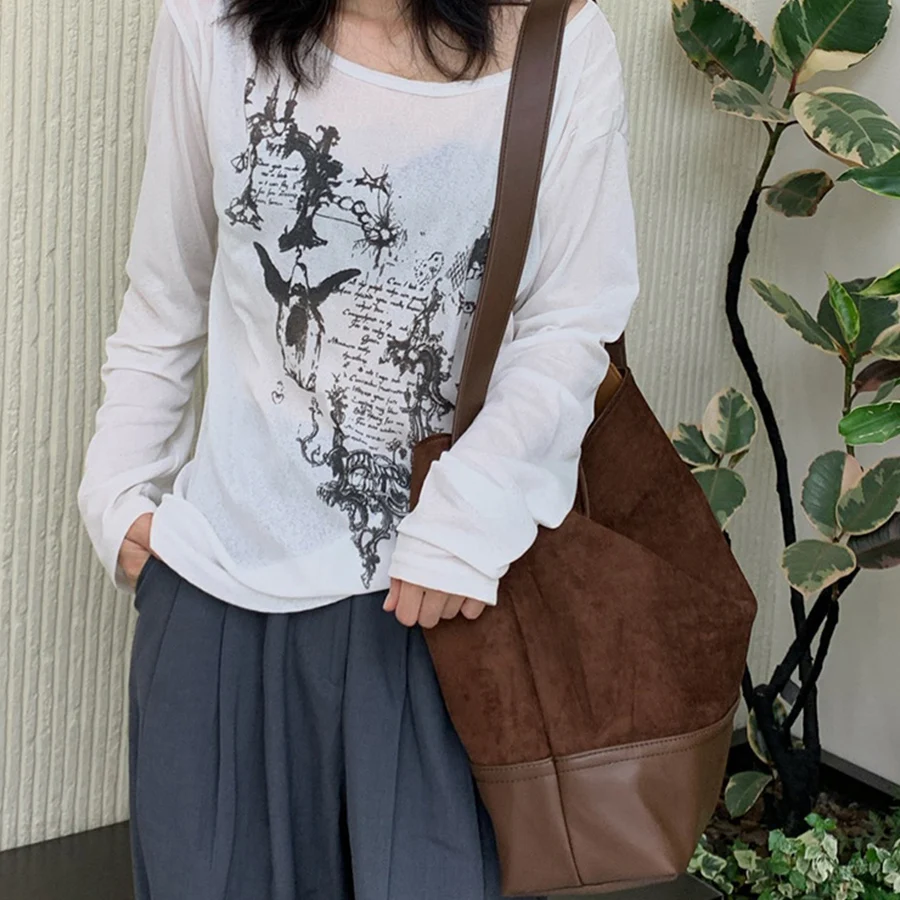 Autumn new vintage bucket bag with suede, large capacity, daily commuting single-shoulder crossbody bag, patchwork ladies' totes