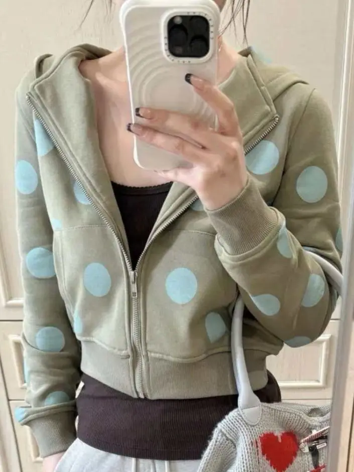 Spring and Autumn Vintage Polka Dot Print Cardigan Hooded Sweatshirt Women's Slim Fit Short Jacket