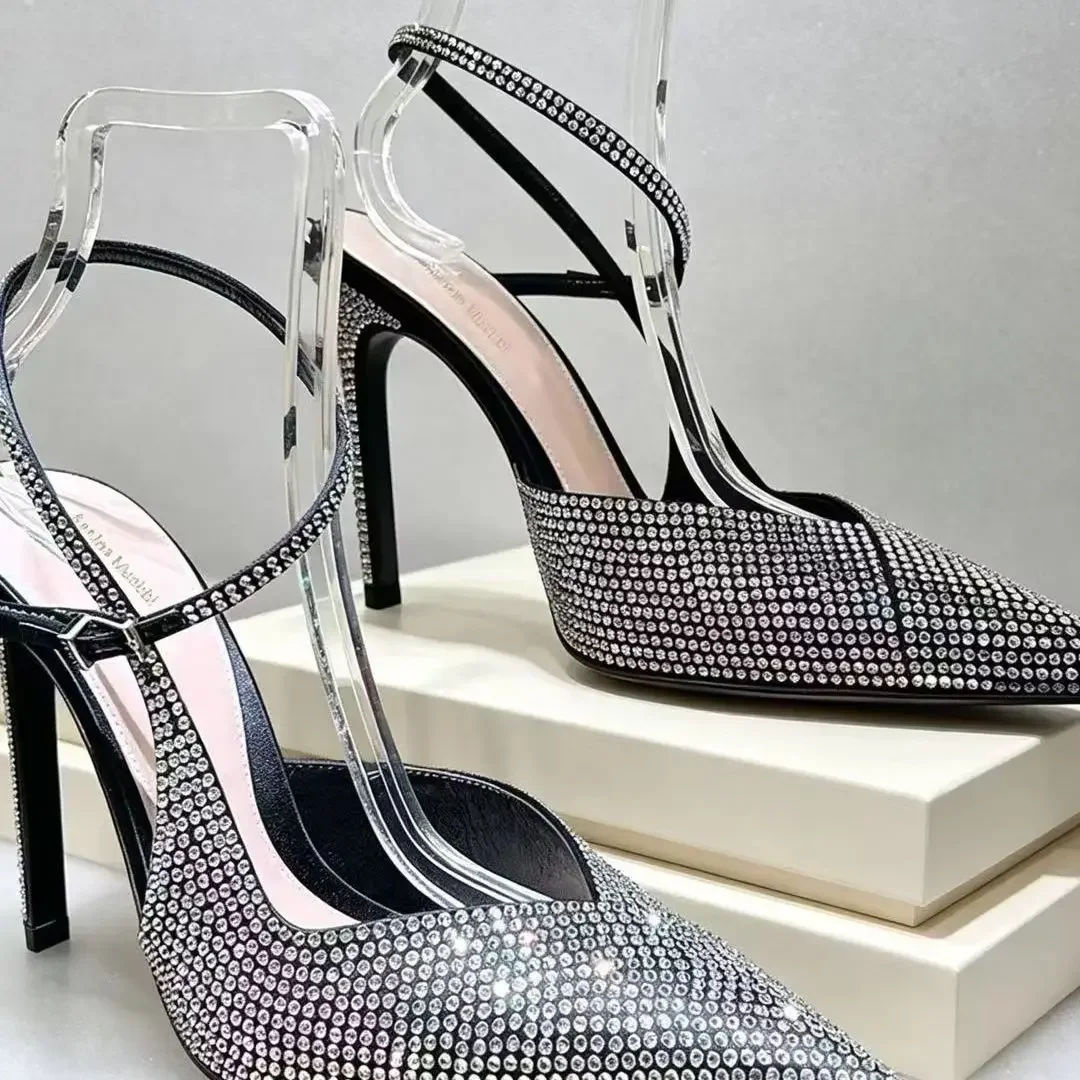 Crystal Rhinestone Women Stiletto High Thin Heel Pumps Pointed Toe Ankle Strap Sexy Wedding Party Sandals Luxury Fashion Shoes