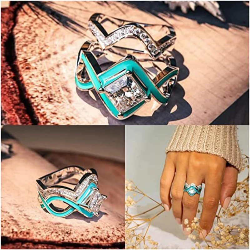 

European and American fashion new irregular shape sea blue oil drop process zircon inlaid women's double ring