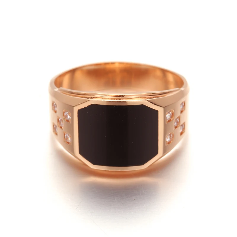 585 purple gold plated 14K rose gold square Black Onyx men rings crystal wide version business generous wedding jewelry