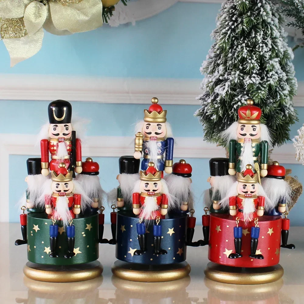 Wooden Nutcracker Doll Rotating Music Box Miniature Figurines Vintage Handcraft Puppet New Year Christmas Ornaments Home Decor