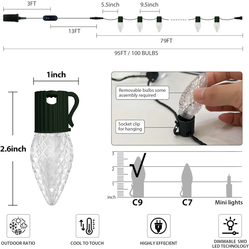 C9 스마트 RGB 크리스마스 조명 - 95피트, 100개의 LED, 앱 제어, 105가지 모드, 파티 준비 완료, 파손 방지 및 방수