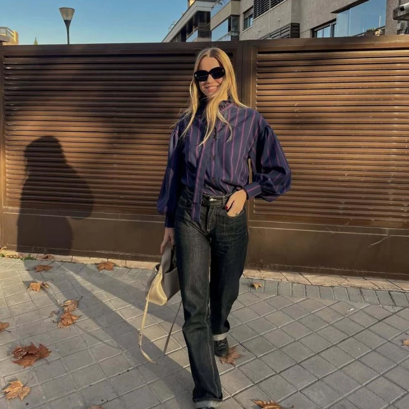 Women New Retro Simple Luxury Harajuku Streetwear Brand Design Sense Fashion Trends Personalized Slim Casual Striped Shirt