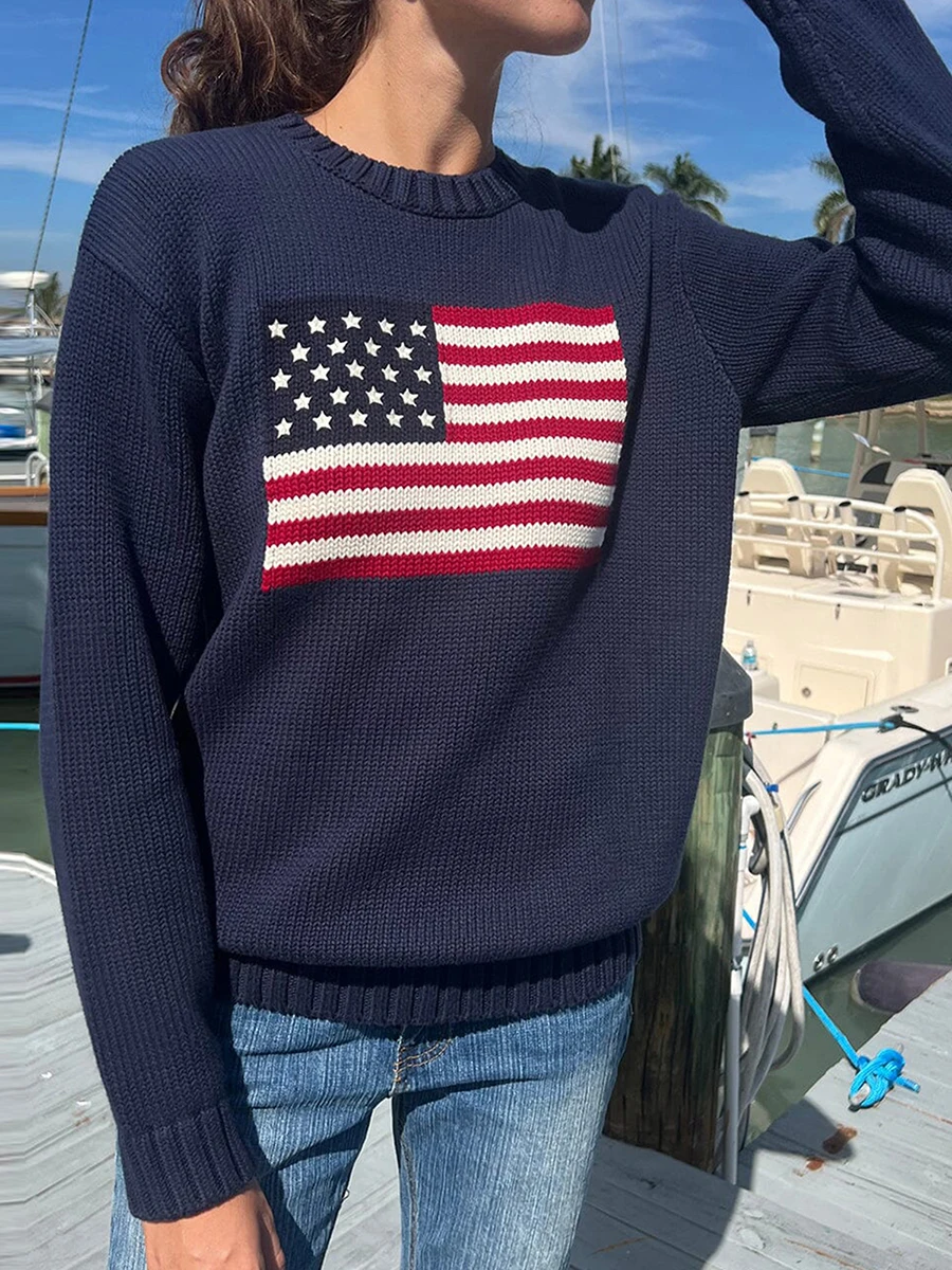 Damen lange Pullover Flagge gemustert Langarm Rundhals ausschnitt gerippt lose gestrickte Oberteile