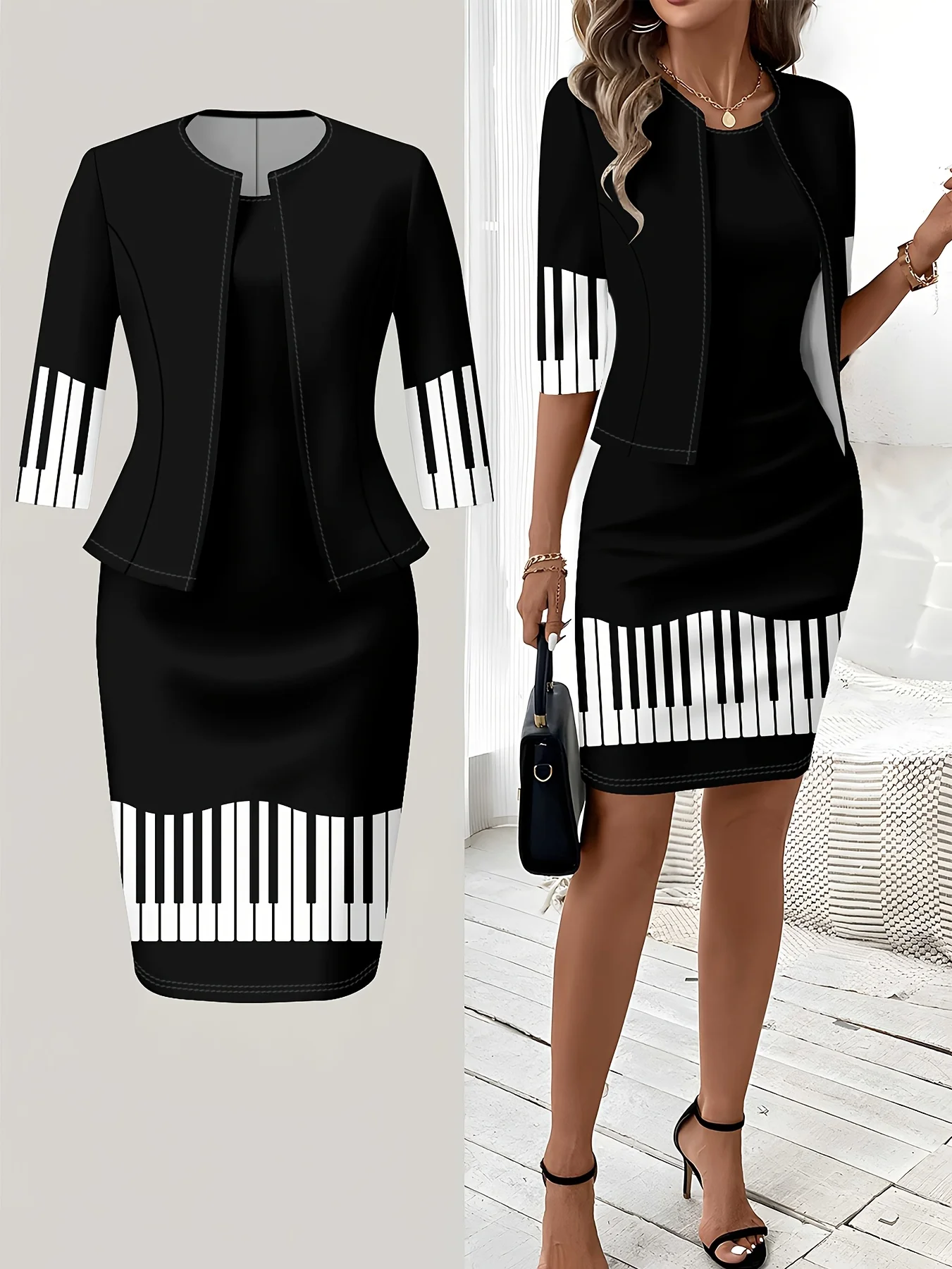 Printed design Casual Piano Key Print Women's Dress Set