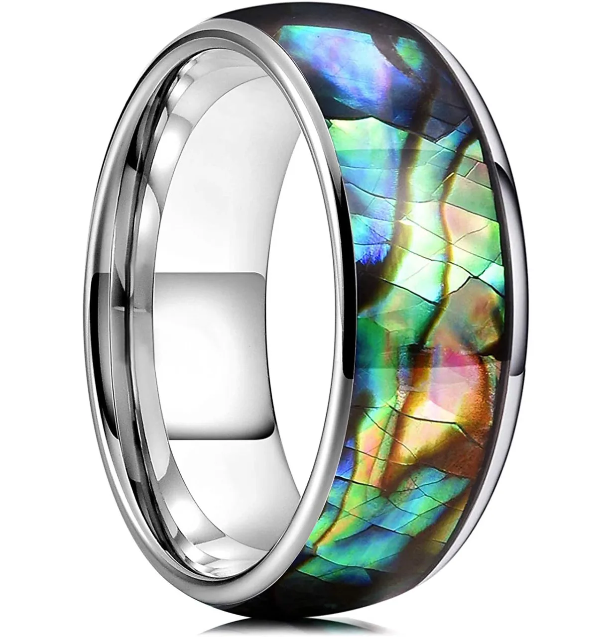 

Fashion Men Stainless Steel Rings Inlay Rainbow Abalone Shell Rings For Men Women Wedding Engagement Band Jewelry Drop Shipping