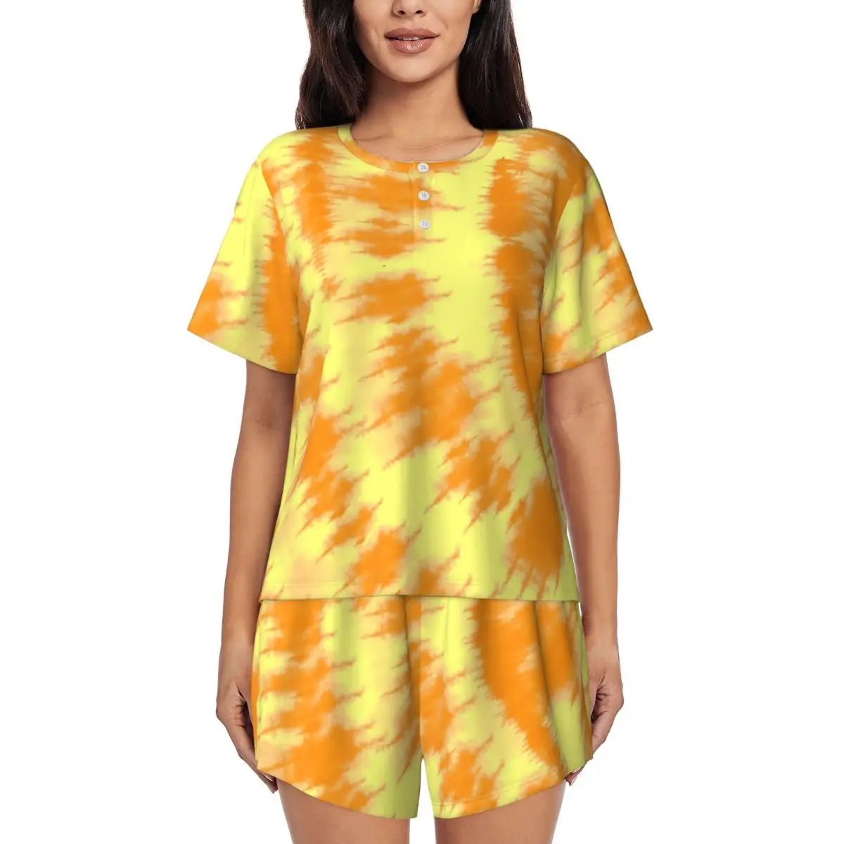 

Пижамы с принтом Tie Dye и короткими рукавами, оранжевые и желтые комплекты пижам для сна из 2 предметов, летние женские забавные ночные рубашки с круглым вырезом