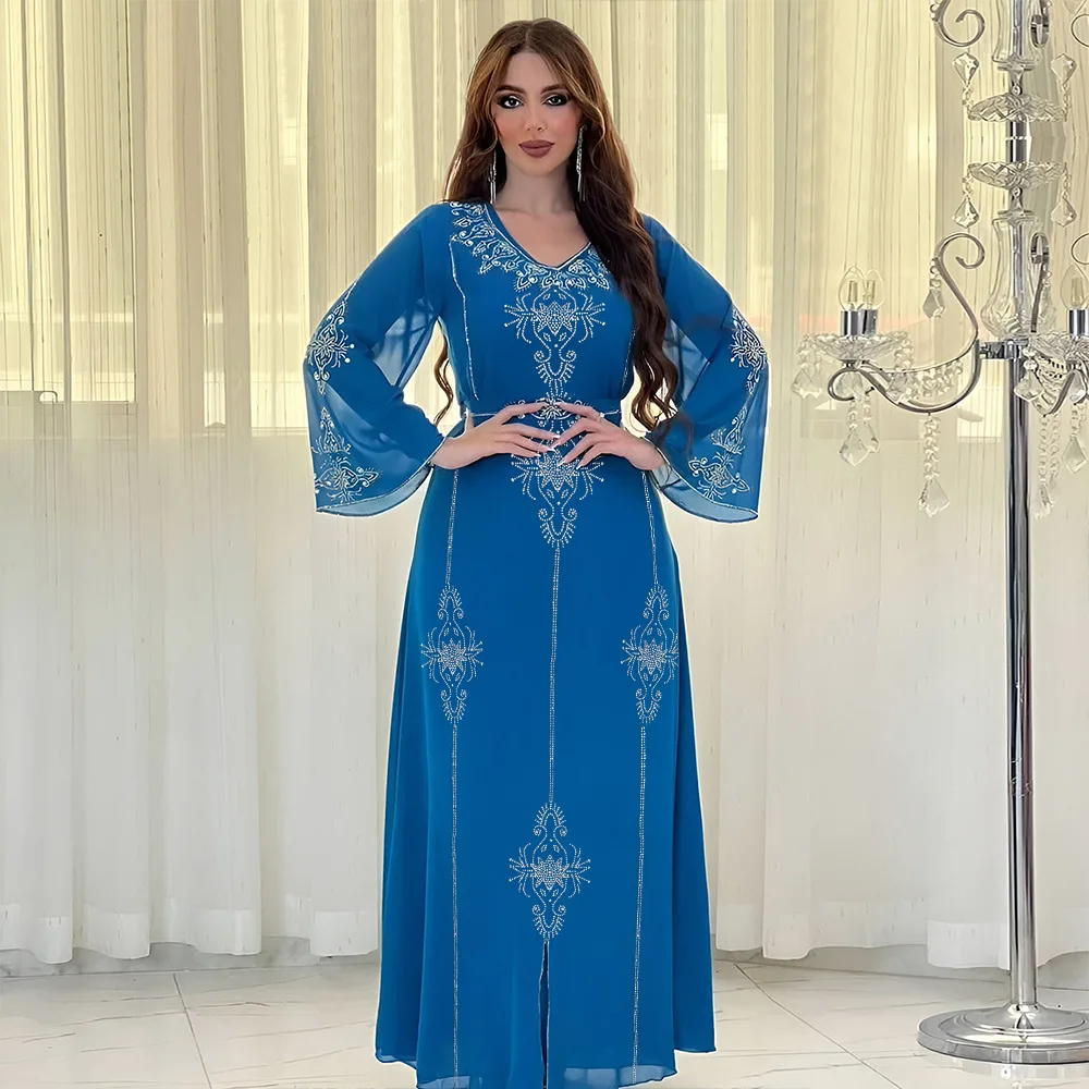 Polyester Muslim Abaya for Women Summer Elegant Orange Blue Pink Green Muslim Women Long Sleeve V-neck Polyester Long Abaya