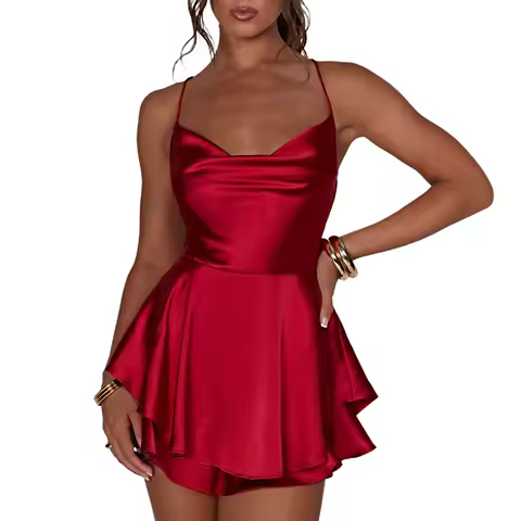 Satin Silk Women Sexy Cami Playsuits Dress Solid Cowl Neck Sleeveless Short Jumpsuits Summer Cross Tie-Up Backless Romper