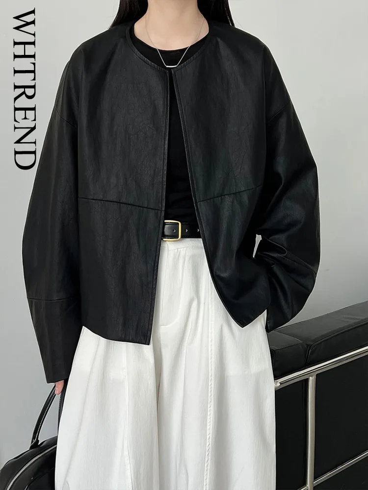 

WHTREND Короткая свободная черная крутая куртка для женщин, осенние новые минималистичные повседневные кожаные куртки WH1755