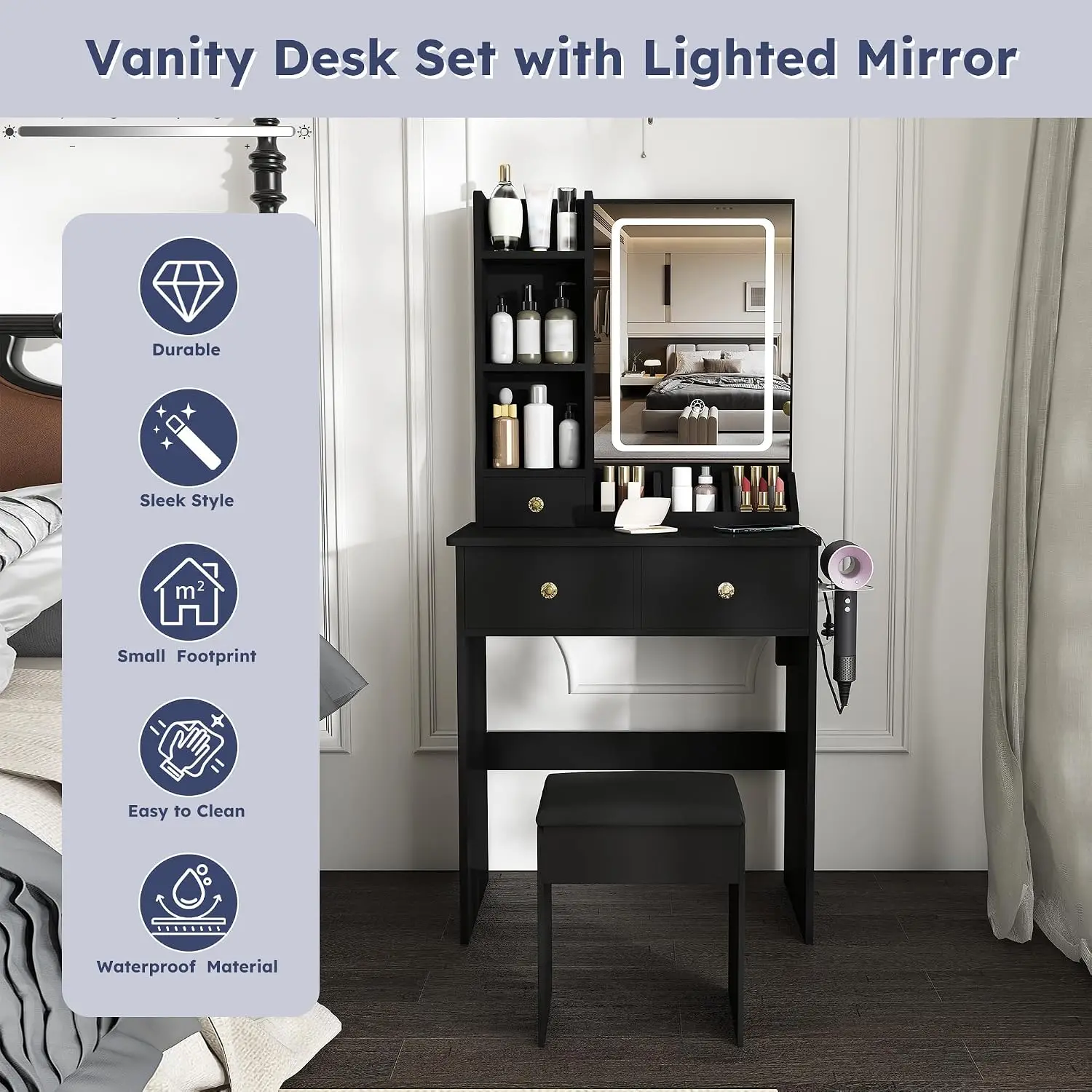Small Vanity Desk with LED Mirror, Chair, Drawers, Power Outlet, Shelves, 3 Lighting Modes, Hairdryer Rack, Bedroom, Customized
